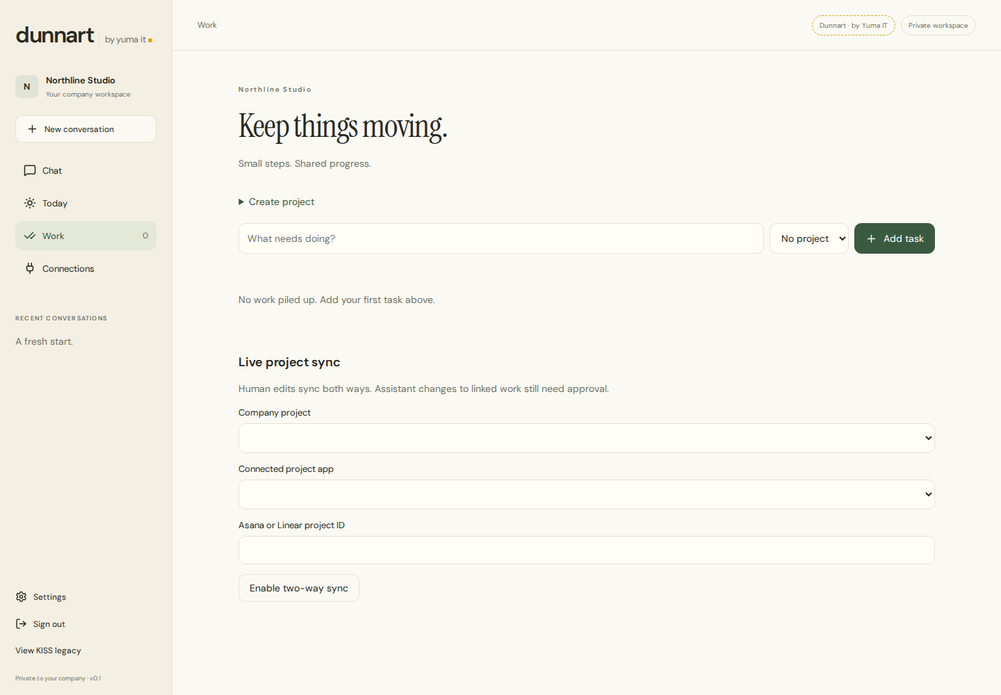 Actual Dunnart workspace showing native task and project controls.